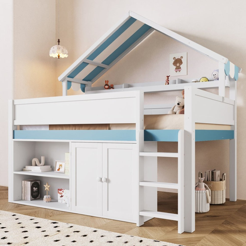 English Elm Full Size Pine Loft Bed with House Canopy Roof Built in Shelves and Storage Cabinet N7090005012C