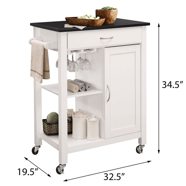 English Elm Black Black and White Kitchen Cart with Locking Wheels, Wine Rack, Towel Bar, Cabinet, Drawer, Shelves B062P189061