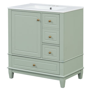 English Elm Christopher Knight Home® - 30" Freestanding Bathroom Vanity with Ceramic Sink, Soft-Close Door, Gold Knobs & 3 Drawers, Durable Painted Finish Light Green N759P225994G
