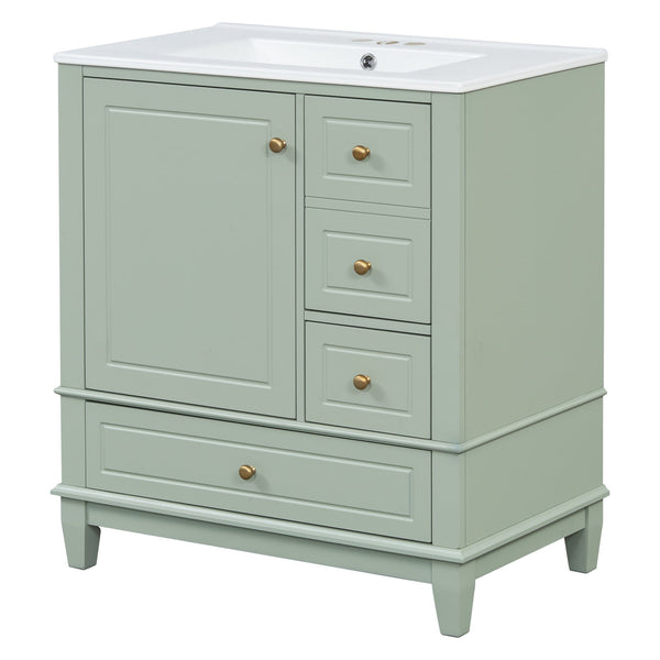 English Elm Christopher Knight Home® - 30" Freestanding Bathroom Vanity with Ceramic Sink, Soft-Close Door, Gold Knobs & 3 Drawers, Durable Painted Finish Light Green N759P225994G