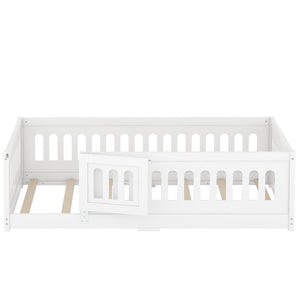 English Elm Twin Size Floor Bed With Safe Guardrails & Playful Door - Solid Wood Bedframe For Kids’ Rooms W1820P240538-GIGA