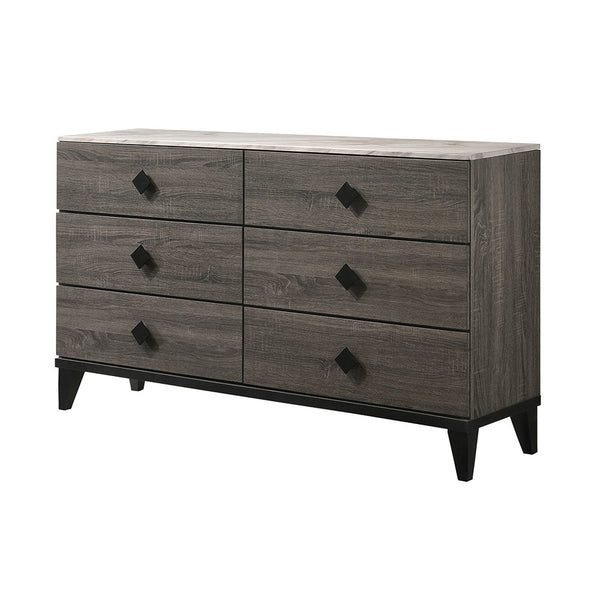 English Elm Avantika Faux Marble Top Dresser with 6 Spacious Drawers, Rustic Gray Oak, Wood Knobs, Modern Luxury B2726P261880