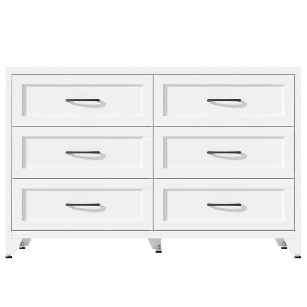 English Elm 6 Drawer White Steel Dresser Low Profile Powder Coated Frame for Bedroom or Hallway T2398P465981