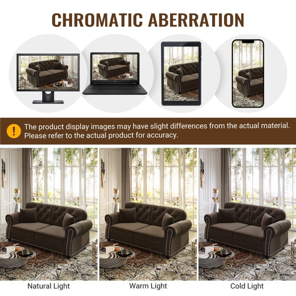 English Elm 63"upholstered Velvet Loveseat with Tufted Back Nailhead Arms Chesterfield Living Room Brown W1885S00380