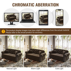 English Elm Upholstered Velvet Chesterfield Sofa Set with Button Tufting Nailhead Trim and Ottoman Brown W1885S00389