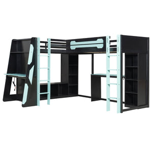 English Elm L-shaped Gaming Loft Bunk Bed Twin Wood Frame Rgb Lighting Usb Ports Storage Shelves Blue LT000295AAC