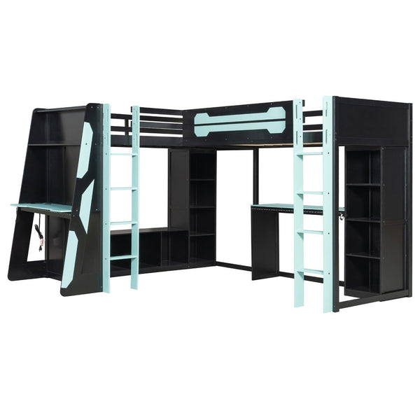 English Elm L-shaped Gaming Loft Bunk Bed Twin Wood Frame Rgb Lighting Usb Ports Storage Shelves Blue LT000295AAC