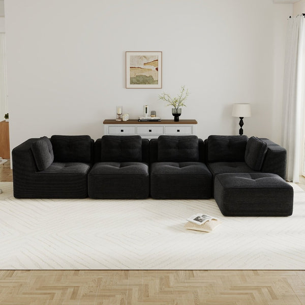 English Elm Modern Corduroy Sectional Sofa with Movable Ottoman Deep Seat Tufted Living Room Couch Black W714S01793