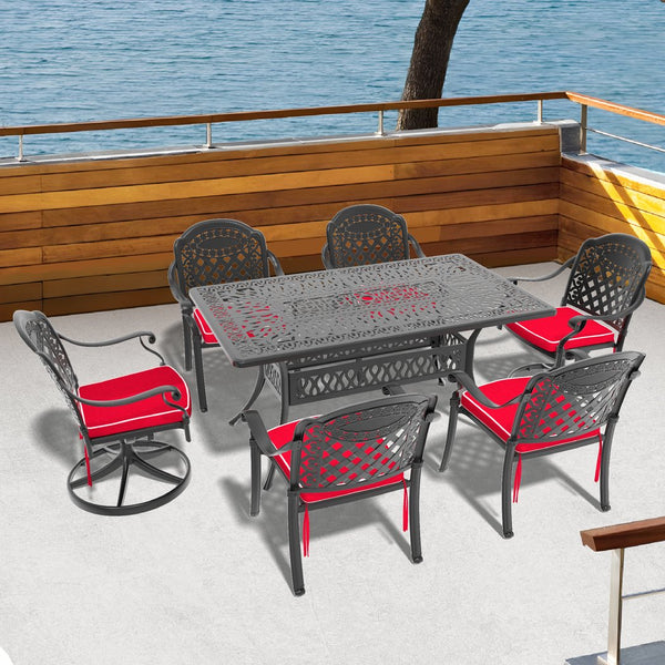 English Elm 7-Piece All-Weather Cast Aluminum Dining Set With Cushions, Umbrella Hole, And Swivel Chairs For 6 W1710S00371