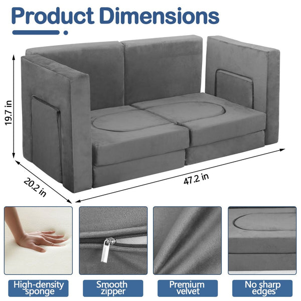 English Elm 12 Piece Modular Foam Play Couch Set Velvet Convertible Sofa Fort for Kids Playroom Dark Gray T5880P493404