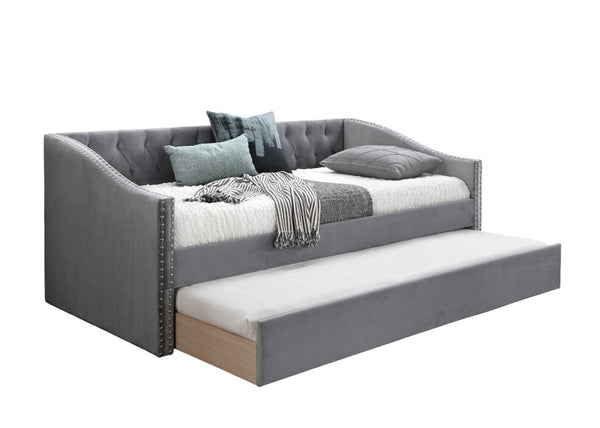 English Elm Contemporary Tufted Burlap Daybed with Pull Out Trundle and Nailhead Trim Detail B011S02043