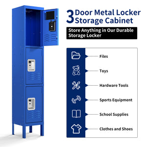 English Elm 66"H Metal Lockers 3-Door Blue with Ventilation, Mirrors & Anti-Pry Locks for Gym Office School Home Garage T2398P342713