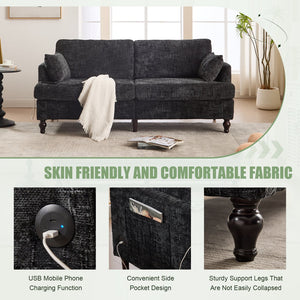 English Elm Modern chenille 2-seater sofa with LED, USB charging, storage pocket, solid wood legs, durable comfort Black W395P318548