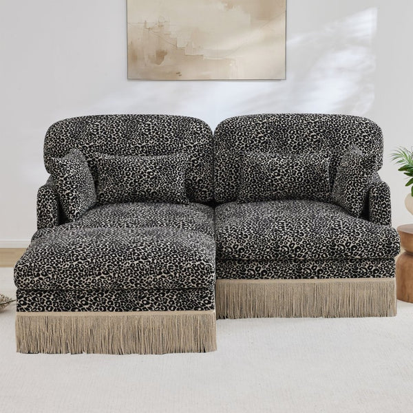 English Elm Comfy Chenille Leopard Print Loveseat with Tassel Trim Movable Ottoman Living Room Khaki W5656S00020