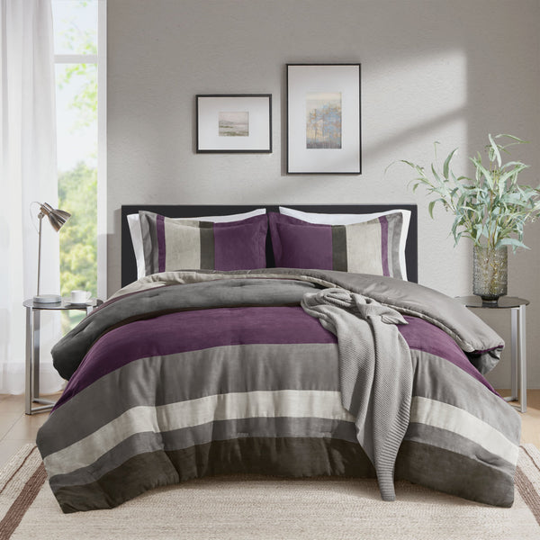 JLA Home Comfort Spaces - Pieced Faux Suede Comforter Set with Transitional Pieced Stripe Design, Lightweight Year-Round Warmth Purple AM10-0295