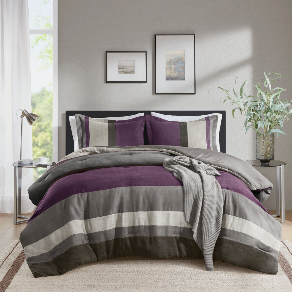 JLA Home Comfort Spaces - Pieced Faux Suede Comforter Set with Transitional Pieced Stripe, Lightweight Warmth & Machine Washable Purple AM10-0293