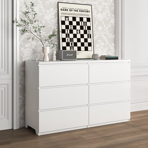 English Elm 6 Drawer Storage Cabinet with Slim 6-Drawer Dresser Design for Bedroom, Hallway & Small Spaces — Sturdy, Spacious Organizer White W409P225881