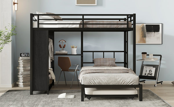 English Elm Full Over Twin Bunk Bed With Integrated Wardrobe, Trundle, Foldable Desk & Noise-Reduced Design In Black W1580S00136