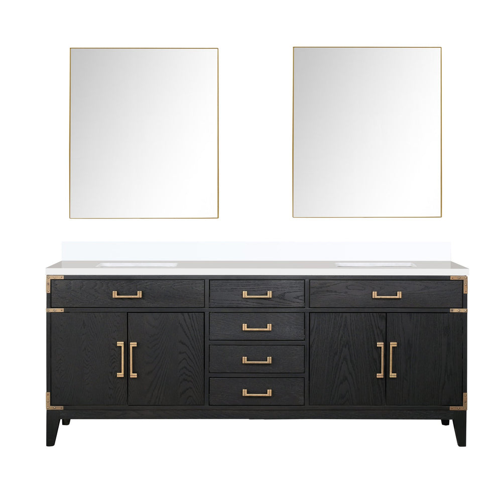 English Elm Black Oak Double Bath Vanity Set With Cultured Marble Top & Dual 36" Mirrors For Elegant Storage Solutions B2731S02157