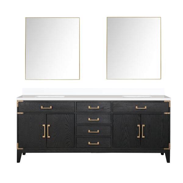 English Elm Black Oak Double Bath Vanity Set With Cultured Marble Top & Dual 36" Mirrors For Elegant Storage Solutions B2731S02157