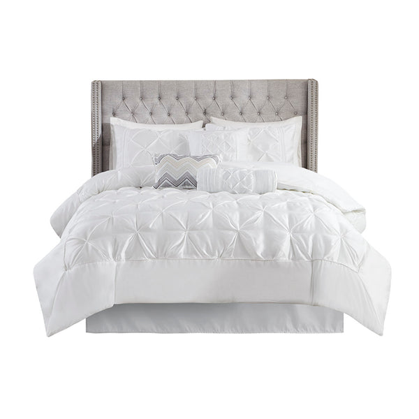 JLA Home Madison Park - 7 Tufted Comforter Set Laurel Collection – Hotel-Inspired Texture, Durable Polyester, Wrinkle-Resistant Elegance White MP10-738