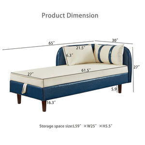 English Elm 65" Velvet Storage Chaise Lounge with Pu Leather Panels Eucalyptus Frame Accent Seat Beige+Blue W1097P434117