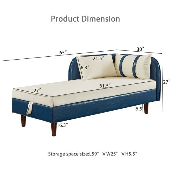 English Elm 65" Velvet Storage Chaise Lounge with Pu Leather Panels Eucalyptus Frame Accent Seat Beige+Blue W1097P434117