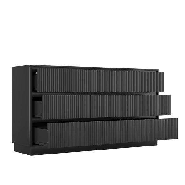 English Elm 9 Drawer Mid Century Wood Dresser Low Profile Matte Finish Bedroom Storage Cabinet Black W409S00011