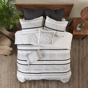 English Elm Full/Queen Cotton Printed Duvet Cover Set with Trims — 100% Percale, Tufted Boho Stripes, Hidden Closures B03596487