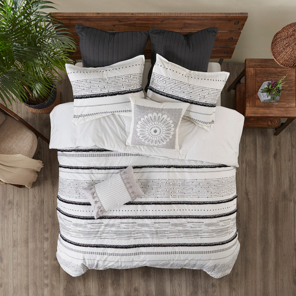 English Elm King/Cal King Cotton Printed Duvet Cover Set with Tufted Trim Rows, Black Stripe Percale, Hidden Bar Tacks, Shams B03596488
