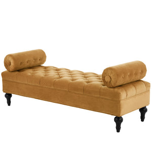 English Elm Modern Tufted Velvet Bench with Gourd Legs and Pillows for Bedroom Entryway Yellow N761P335807L