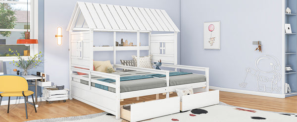 English Elm Twin House Platform Bed with Pitched Roof and Two Under-Drawers for Shared Kids’ Rooms, Durable Pine White GX000452AAK