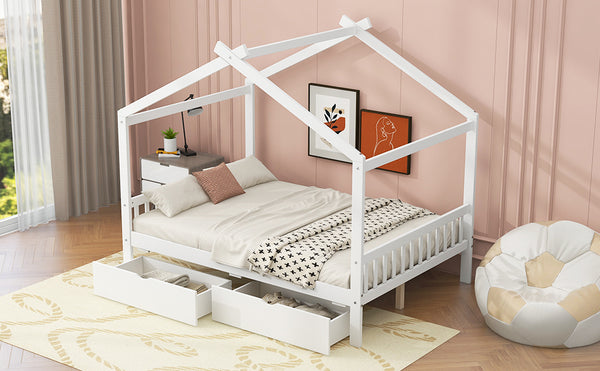 English Elm Full House Platform Bed with Roof Design and Two Drawers, Pine/MDF Durable Frame, Kid-Friendly Cozy Finish White WF292923AAK