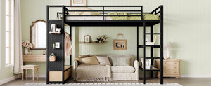 English Elm Queen Loft Bed Frame With Wardrobe & Shelves - Modern Metal Design For Space-Saving Storage & Work W1580S00233-GIGA