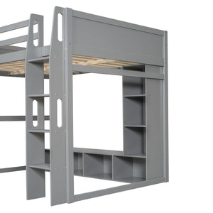 English Elm Wood Full Size Gaming Loft Bed Pine Frame with Led Lighting Desk and Storage Shelves N7090001042E-1