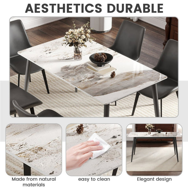 English Elm 55.12" Modern Artificial Stone Dining Table With Black Metal Legs - Seats 6, Easy Maintenance & Chic Design P2 W1535S00493-GIGA