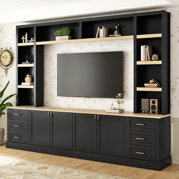 English Elm 102.3"w Farmhouse Wall Unit Four Piece Entertainment Center with Storage for Living Room N721S000051B-2