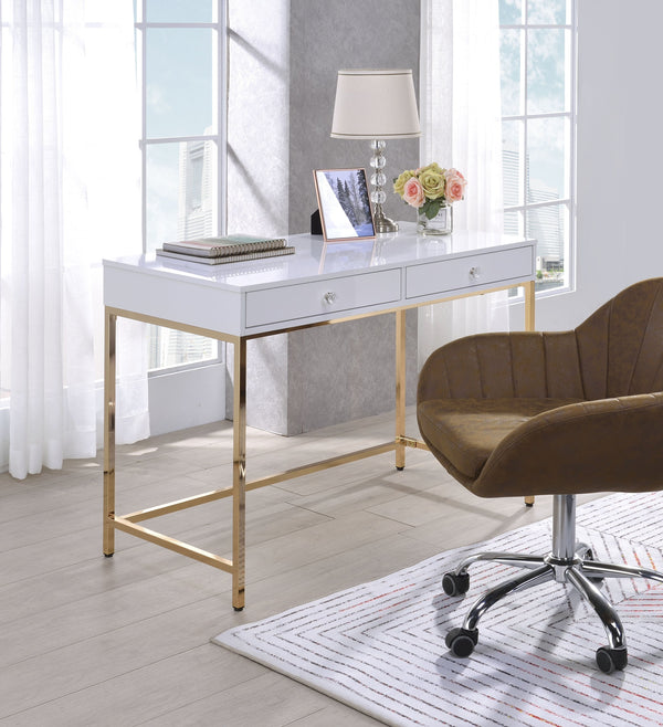 English Elm Ottey Gloss White Vanity Desk with Gold Metal Legs, 2 Drawers, High-Gloss MDF Top, Contemporary Design B2726P315732
