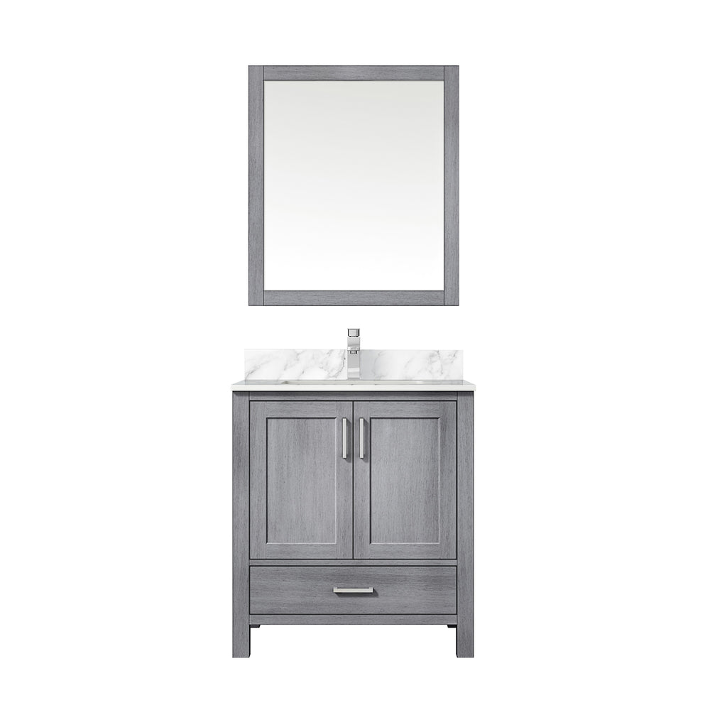 English Elm Distressed Grey Bath Vanity Set With Carrara Marble Top, Chrome Faucet & 28" Mirror For Stylish Storage B2731S01252
