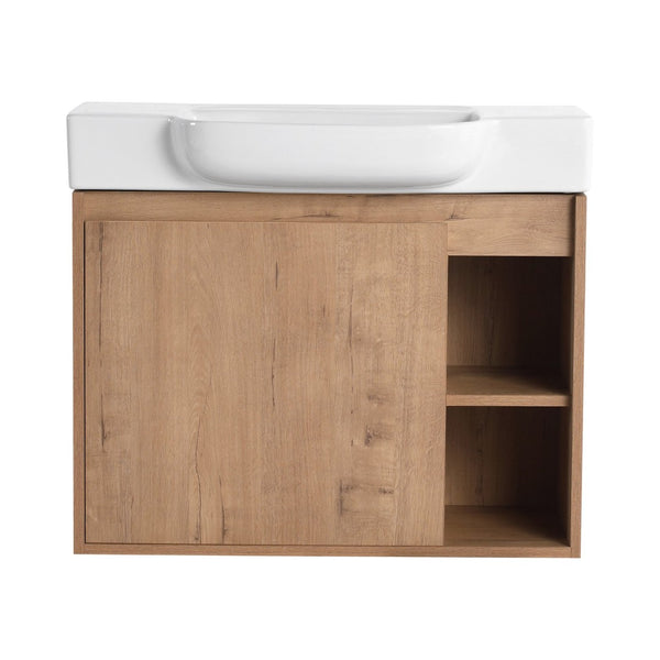 English Elm 28'' Floating Bathroom Vanity with Ceramic Sink Soft Close Door Melamine Cabinet Imitative Oak W999P426637