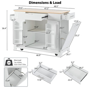 English Elm K&k Rolling Kitchen Island Rubber Wood Top Fluted Cabinet Built-in Charging Station White N707S221571W