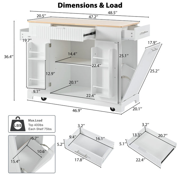 English Elm K&k Rolling Kitchen Island Rubber Wood Top Fluted Cabinet Built-in Charging Station White N707S221571W