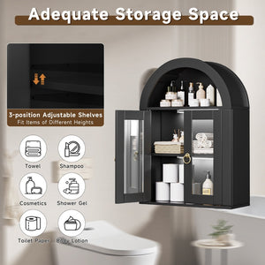 English Elm Wall Mounted Arched Cabinet Tempered Glass Doors Led Lighting Adjustable Shelves Bathroom Black T3210P471555