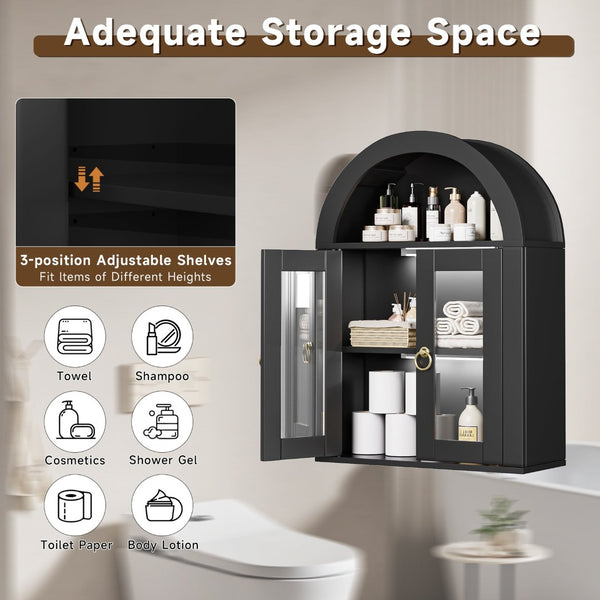 English Elm Wall Mounted Arched Cabinet Tempered Glass Doors Led Lighting Adjustable Shelves Bathroom Black T3210P471555