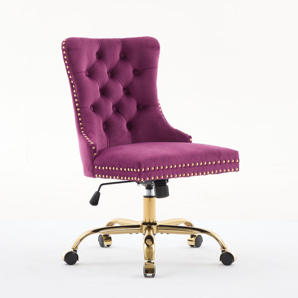 English Elm A&A Elegant Chenille Tufted Office Chair with Hand-Pulled Buttons, Nailhead Trim & Gold Chrome Base Purple W1143P369101
