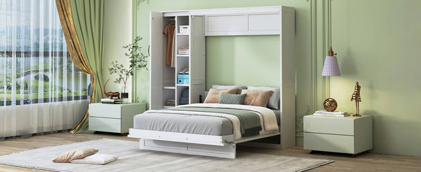 English Elm Full Size Murphy Bed with Open Shelving Wardrobe and Led Lighting for Studio Spaces White LP000898AAK