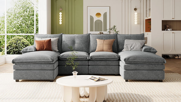 English Elm U_STYLE U-Shaped Chenille Sectional Sofa with Adjustable Armrests, 6-Seater, Removable Covers, Durable Construction Gray WY000430AAE