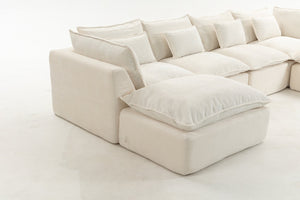 English Elm 129.8" Wide Modular Cloud Sectional Cotton Linen Sofa with Deep Foam Seats and Ottomans Antique White W2530S00016