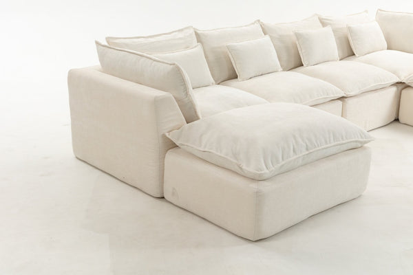 English Elm 129.8" Wide Modular Cloud Sectional Cotton Linen Sofa with Deep Foam Seats and Ottomans Antique White W2530S00016
