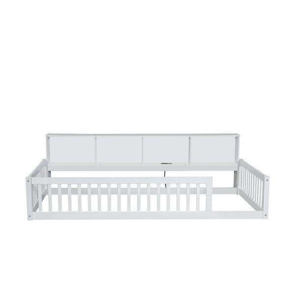 English Elm Wood Twin XL Floor Bed with Built-In Storage Cabinets, USB Charging Ports, Space-Saving Design White N709P205811K